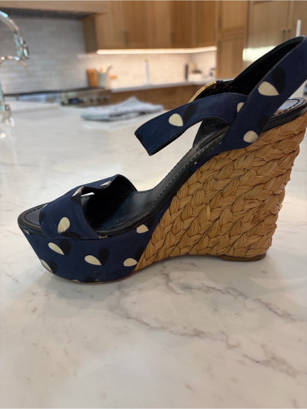Louis Vuitton Navy Polka Dot Raffia Espadrille Wedge Sandals - Picture 9 of 9